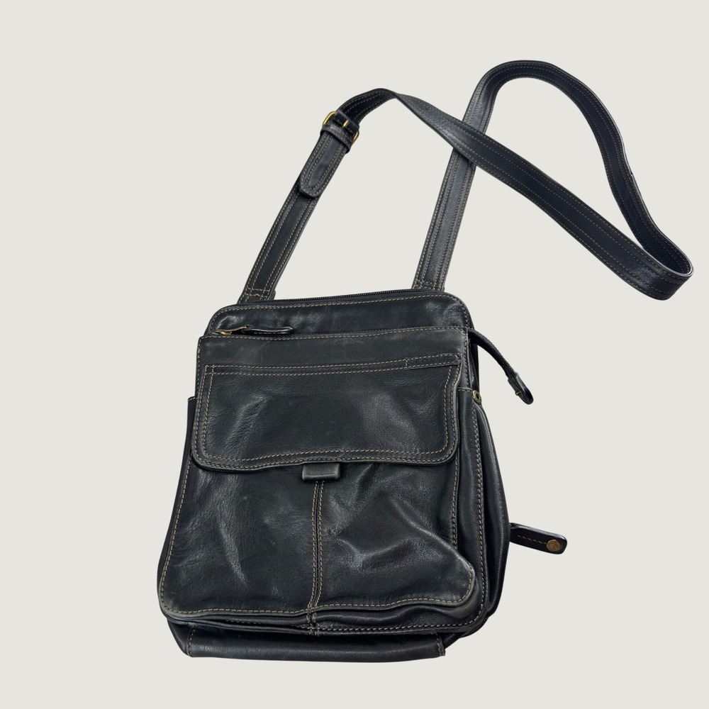 Fossil Womens Black Leather Crossbody Organizer Bag Brass Hardware Stitch Detail